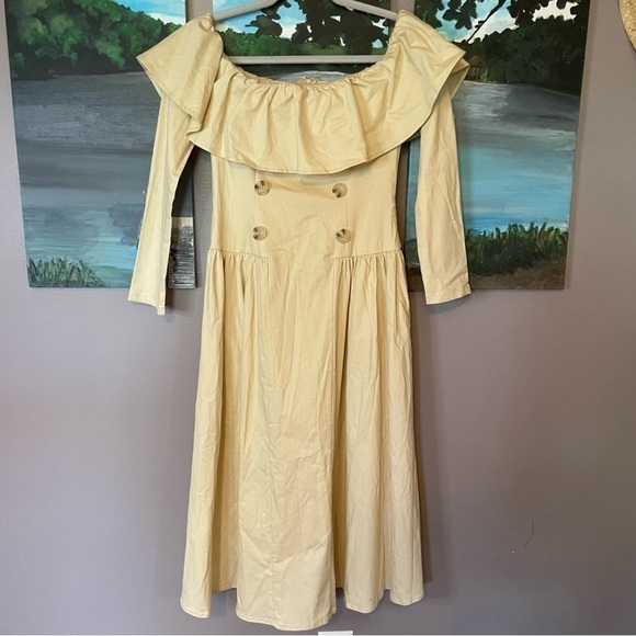 Cutely Covered Beige Long Sleeve Off Shoulder Midi Dress - Picture 2 of 14